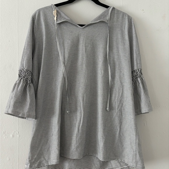 Navy Blue and White Striped Bell Sleeve Tie Back Top - Picture 4 of 4